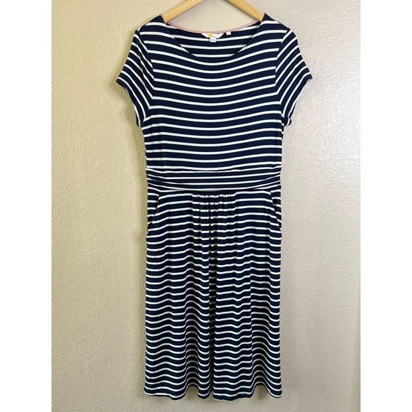 Boden Navy Stripe Stretch Knit Midi Dress Size 10 with Pockets - Picture 1 of 9